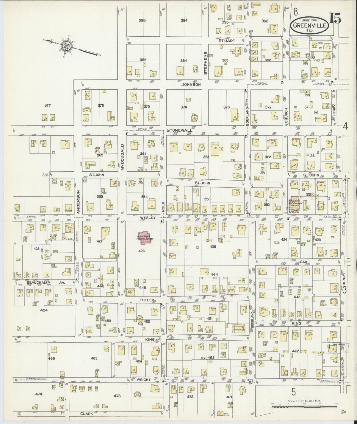 Sanborn Fire Insurance Map from Greenville, Hunt County, Texas (1914), Sheet #0015 - Complete Map Set gallery image, historic Sanborn map, vintage wall art, Texas Texas