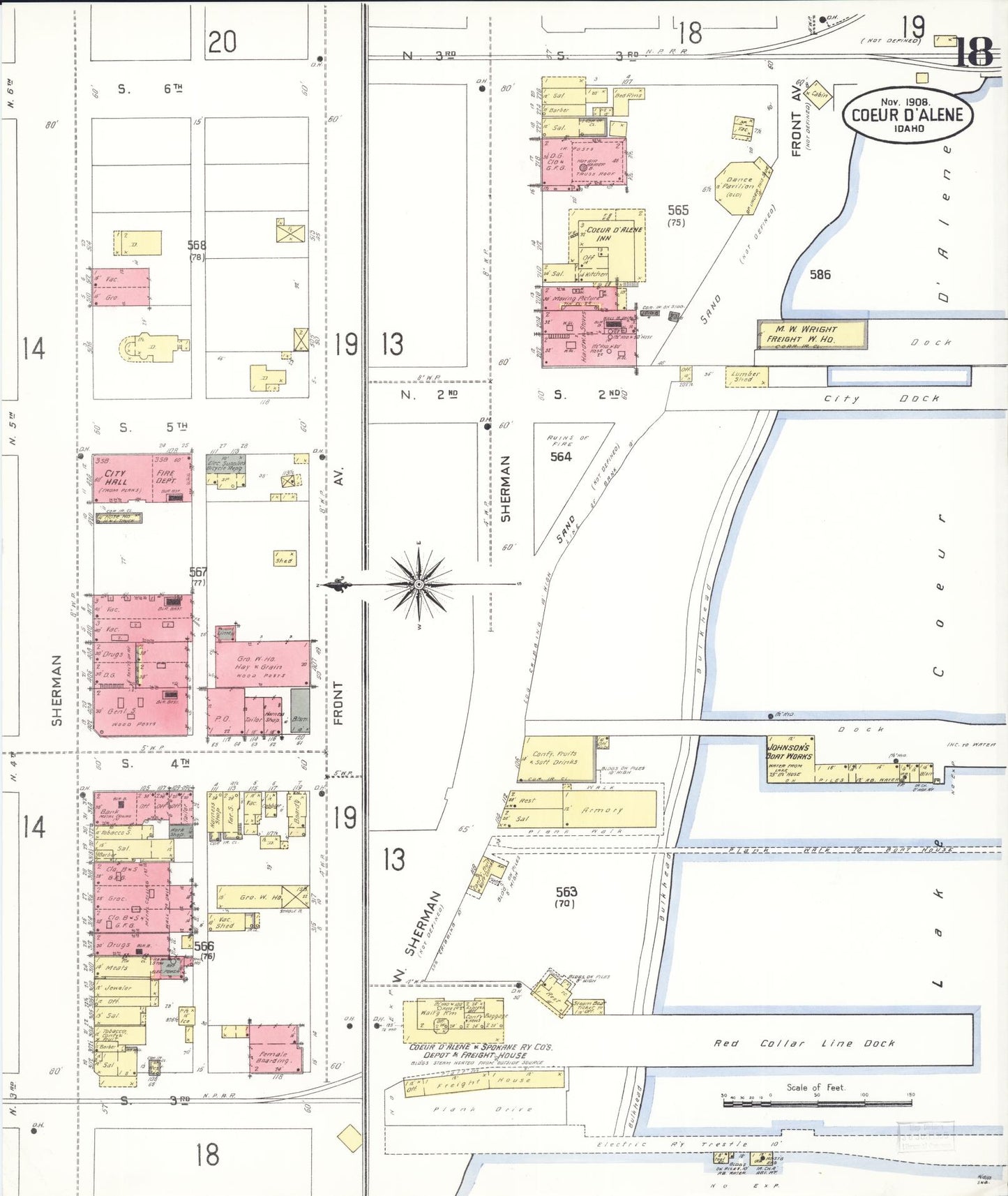 Sanborn Fire Insurance Map from Coeur D'alene, Kootenai County, Idaho (1908), Sheet #0018 - Historic Sanborn Fire Insurance Map Print, vintage old map wall art, antique decor, genealogy gift, Idaho Idaho map
