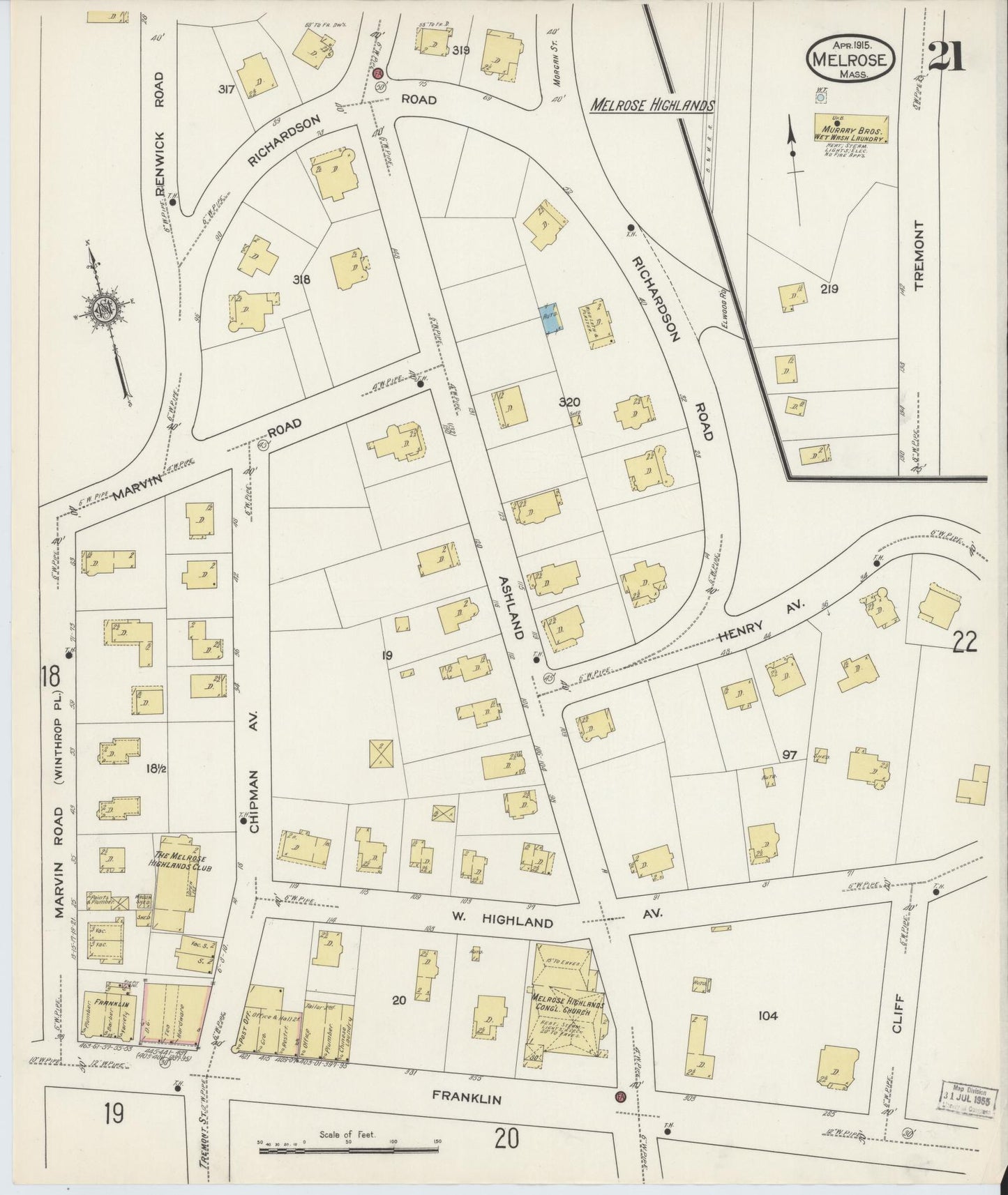 Sanborn Fire Insurance Map from Melrose, Middlesex County, Massachusetts (1915), Sheet #0021 - Complete Map Set gallery image, historic Sanborn map, vintage wall art, Massachusetts Massachusetts