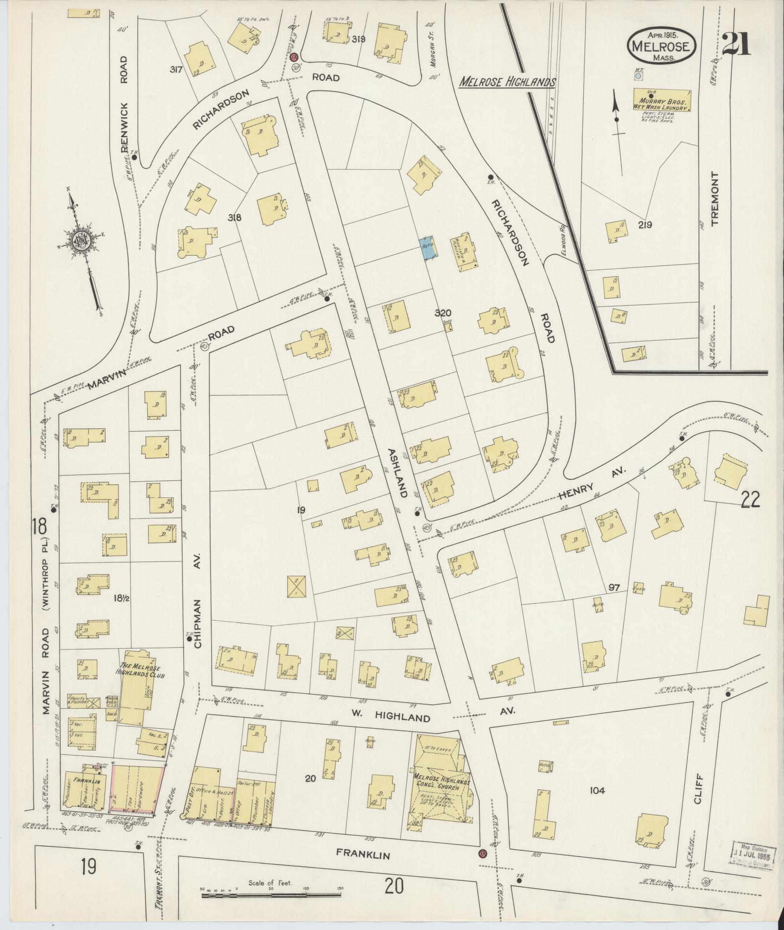 Sanborn Fire Insurance Map from Melrose, Middlesex County, Massachusetts (1915), Sheet #0021 - Complete Map Set gallery image, historic Sanborn map, vintage wall art, Massachusetts Massachusetts