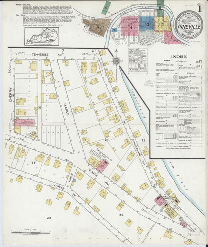 Sanborn Fire Insurance Map from Pineville, Bell County, Kentucky (1919), Sheet #0001 - Complete Map Set gallery image, historic Sanborn map, vintage wall art, Kentucky Kentucky