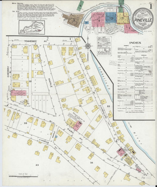 Sanborn Fire Insurance Map from Pineville, Bell County, Kentucky (1919), Sheet #0001 - Complete Map Set gallery image, historic Sanborn map, vintage wall art, Kentucky Kentucky