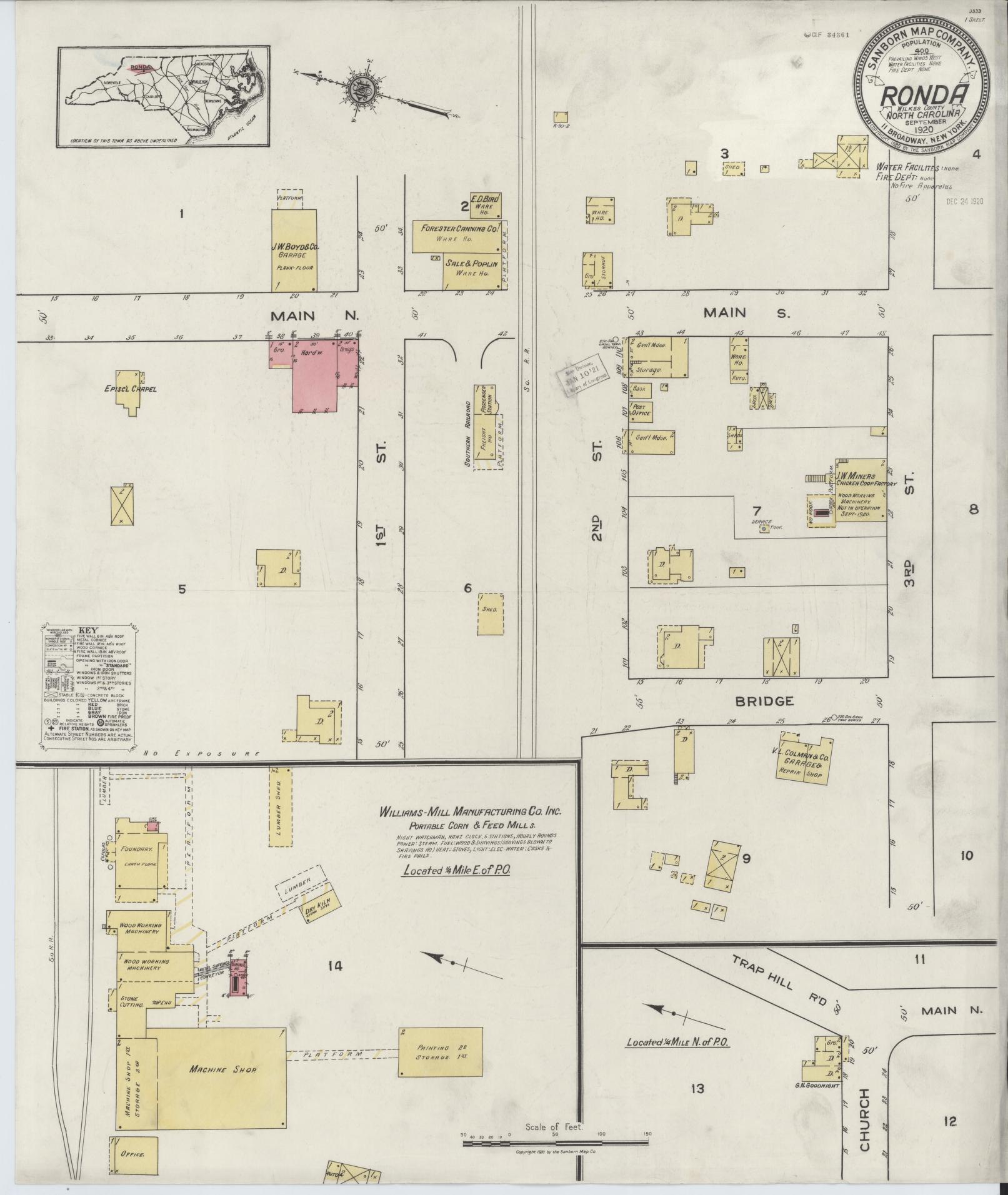 Sanborn Fire Insurance Map from Ronda, Wilkes County, North Carolina (1920), Sheet #0001 - Historic Sanborn Fire Insurance Map Print, vintage old map wall art, antique decor, genealogy gift, North Carolina North Carolina map