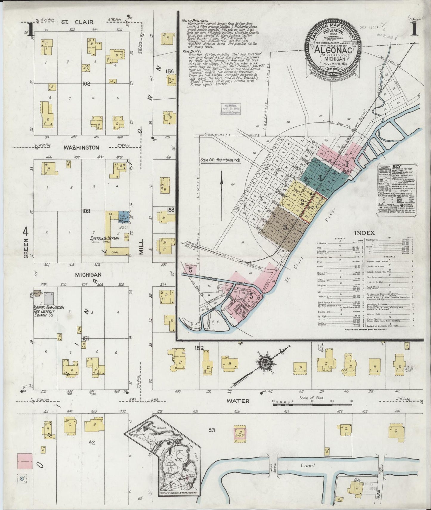 Sanborn Fire Insurance Map from Algonac, Saint Clair County, Michigan (1924), Sheet #0001 - Historic Sanborn Fire Insurance Map Print, vintage old map wall art, antique decor, genealogy gift, Michigan Michigan map