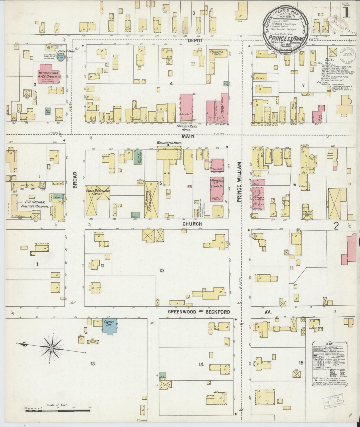 Sanborn Fire Insurance Map from Princess Anne, Somerset County, Maryland (1899), Sheet #0001 - Historic Sanborn Fire Insurance Map Print, vintage old map wall art, antique decor, genealogy gift, Maryland Maryland map