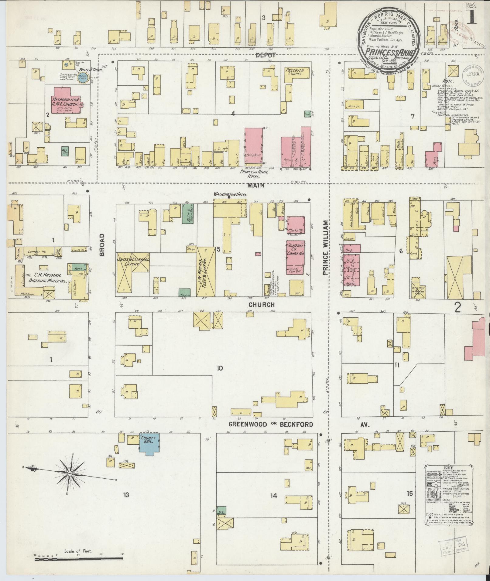 Sanborn Fire Insurance Map from Princess Anne, Somerset County, Maryland (1899), Sheet #0001 - Historic Sanborn Fire Insurance Map Print, vintage old map wall art, antique decor, genealogy gift, Maryland Maryland map