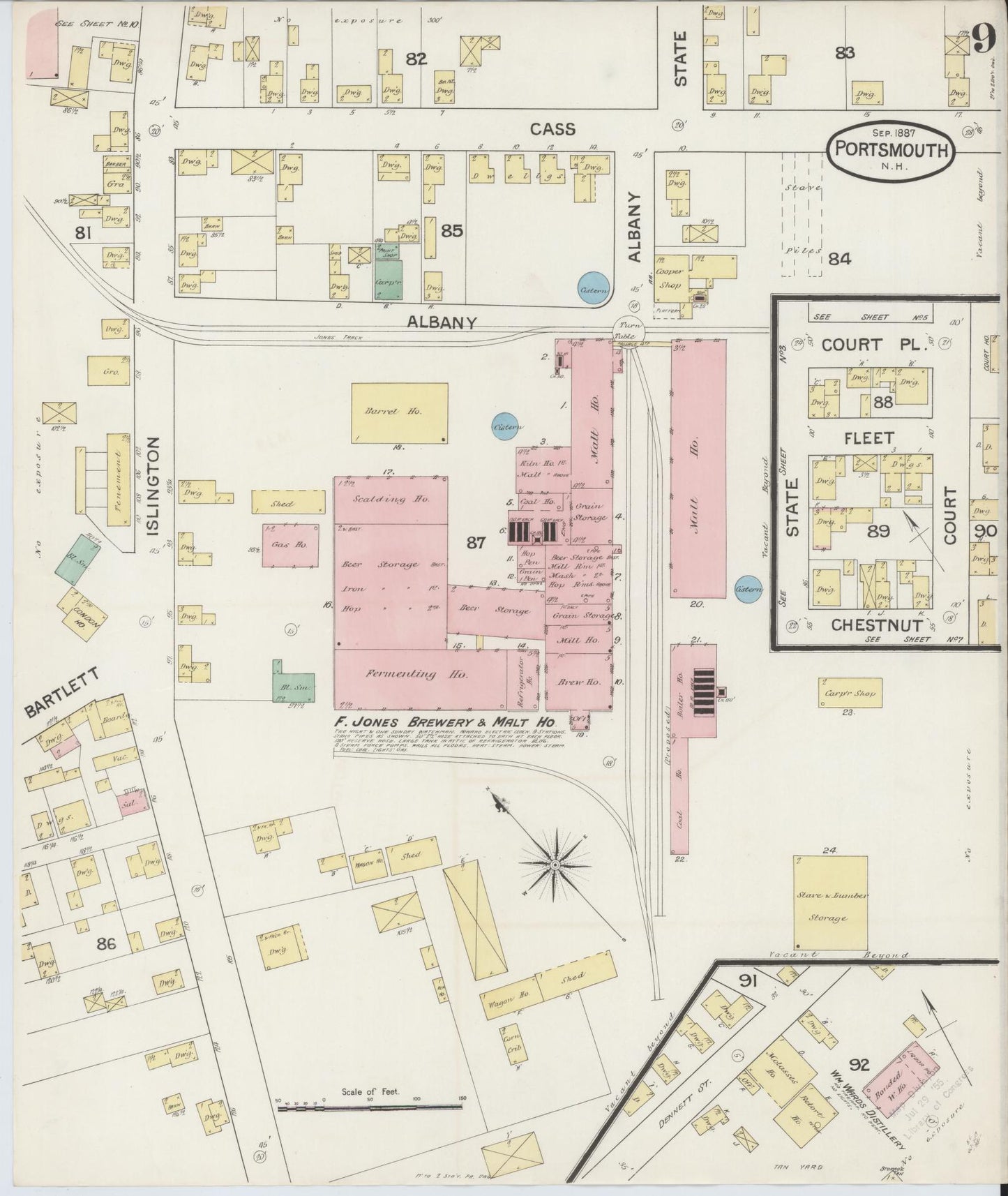 Sanborn Fire Insurance Map from Portsmouth, Rockingham County, New Hampshire (1887), Sheet #0009 - Historic Sanborn Fire Insurance Map Print, vintage old map wall art, antique decor, genealogy gift, New Hampshire New Hampshire map