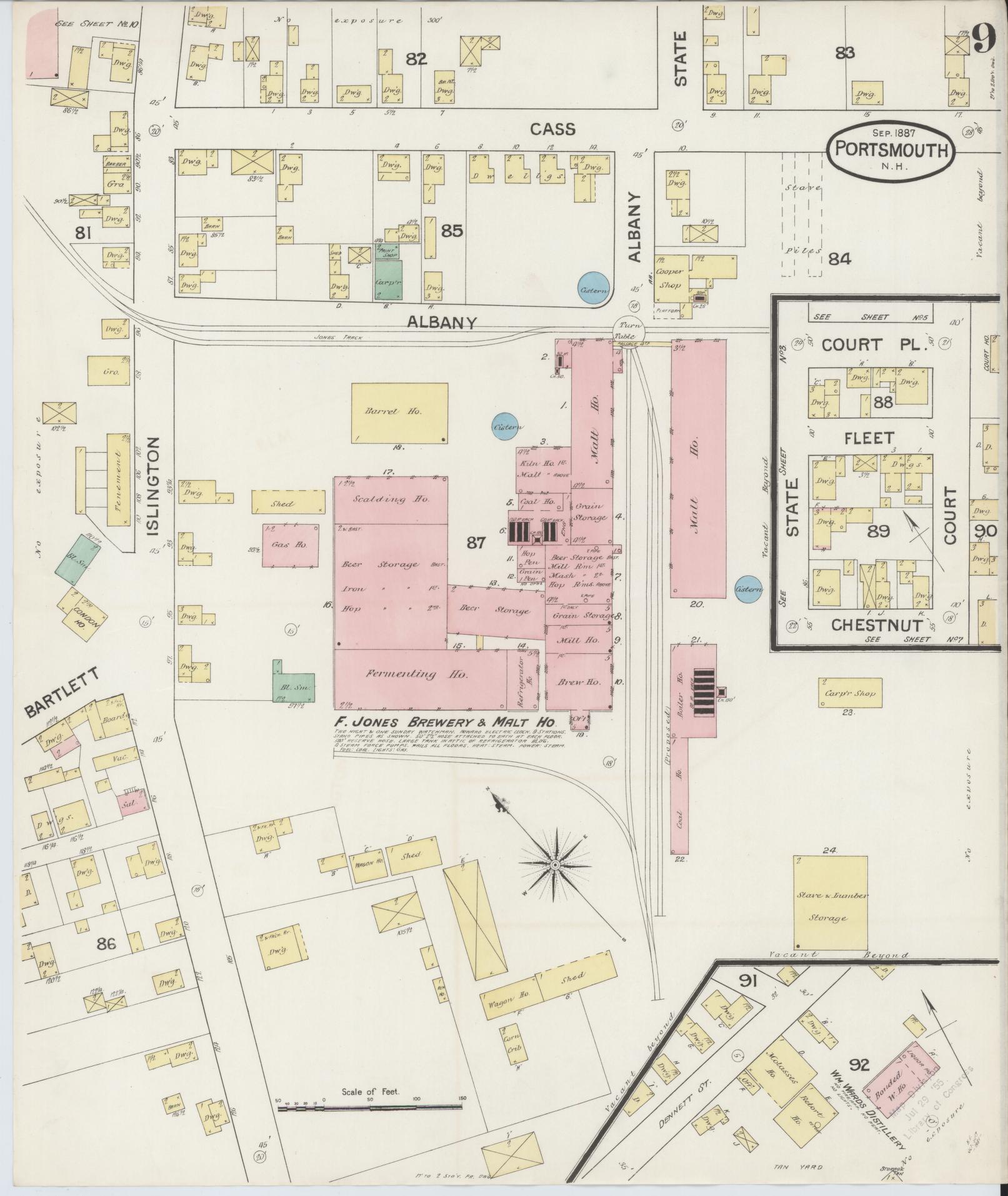 Sanborn Fire Insurance Map from Portsmouth, Rockingham County, New Hampshire (1887), Sheet #0009 - Historic Sanborn Fire Insurance Map Print, vintage old map wall art, antique decor, genealogy gift, New Hampshire New Hampshire map