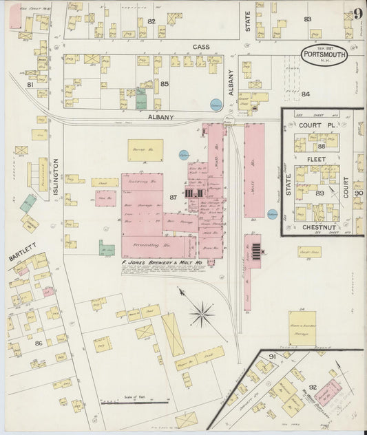 Sanborn Fire Insurance Map from Portsmouth, Rockingham County, New Hampshire (1887), Sheet #0009 - Historic Sanborn Fire Insurance Map Print, vintage old map wall art, antique decor, genealogy gift, New Hampshire New Hampshire map