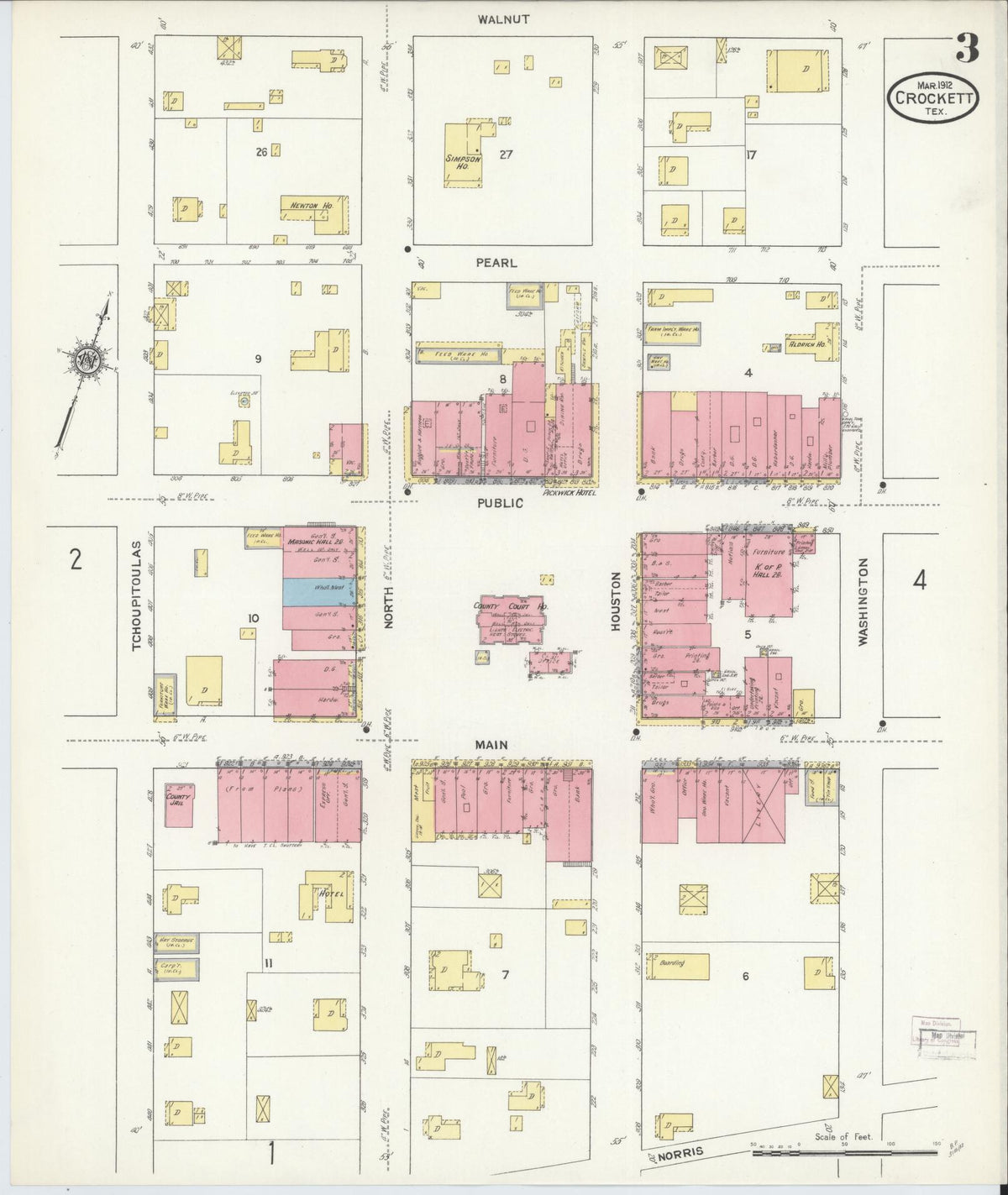 Sanborn Fire Insurance Map from Crockett, Houston County, Texas (1912), Sheet #0003 - Complete Map Set gallery image, historic Sanborn map, vintage wall art, Texas Texas