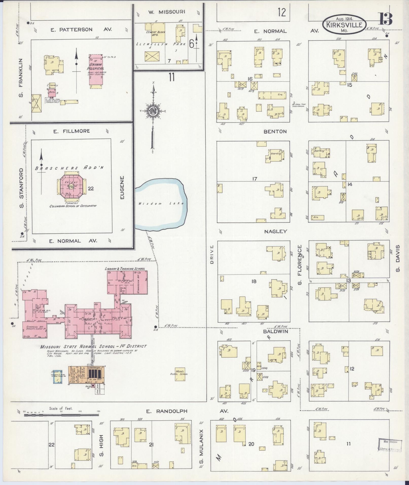 Sanborn Fire Insurance Map from Kirksville, Adair County, Missouri (1914), Sheet #0013 - Historic Sanborn Fire Insurance Map Print, vintage old map wall art, antique decor, genealogy gift, Missouri Missouri map