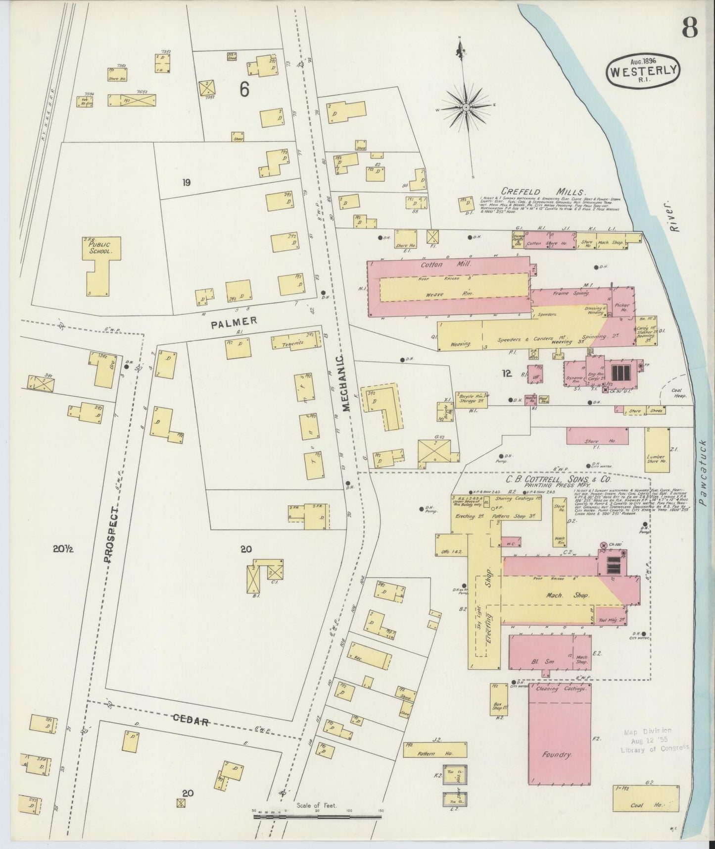 Sanborn Fire Insurance Map from Westerly, Washington County, Rhode Island (1896), Sheet #0008 - Historic Sanborn Fire Insurance Map Print, vintage old map wall art, antique decor, genealogy gift, Rhode Island Rhode Island map