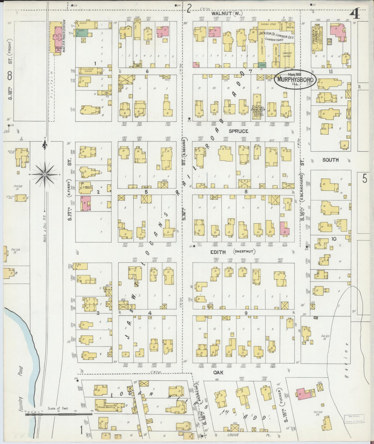 Sanborn Fire Insurance Map from Murphysboro, Jackson County, Illinois (1902), Sheet #0004 - Historic Sanborn Fire Insurance Map Print, vintage old map wall art, antique decor, genealogy gift, Illinois Illinois map