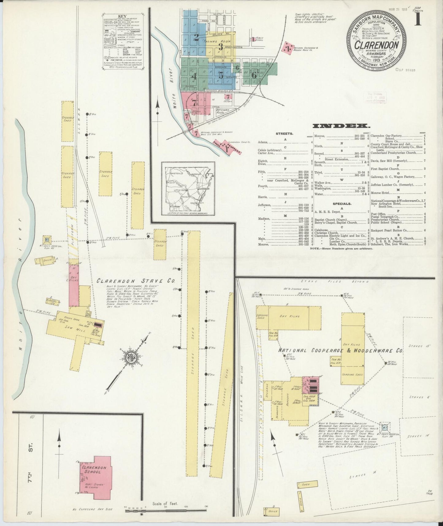 Sanborn Fire Insurance Map from Clarendon, Monroe County, Arkansas (1913), Sheet #0001 - Historic Sanborn Fire Insurance Map Print, vintage old map wall art, antique decor, genealogy gift, Arkansas Arkansas map