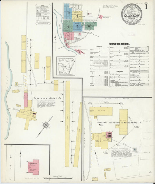 Sanborn Fire Insurance Map from Clarendon, Monroe County, Arkansas (1913), Sheet #0001 - Historic Sanborn Fire Insurance Map Print, vintage old map wall art, antique decor, genealogy gift, Arkansas Arkansas map