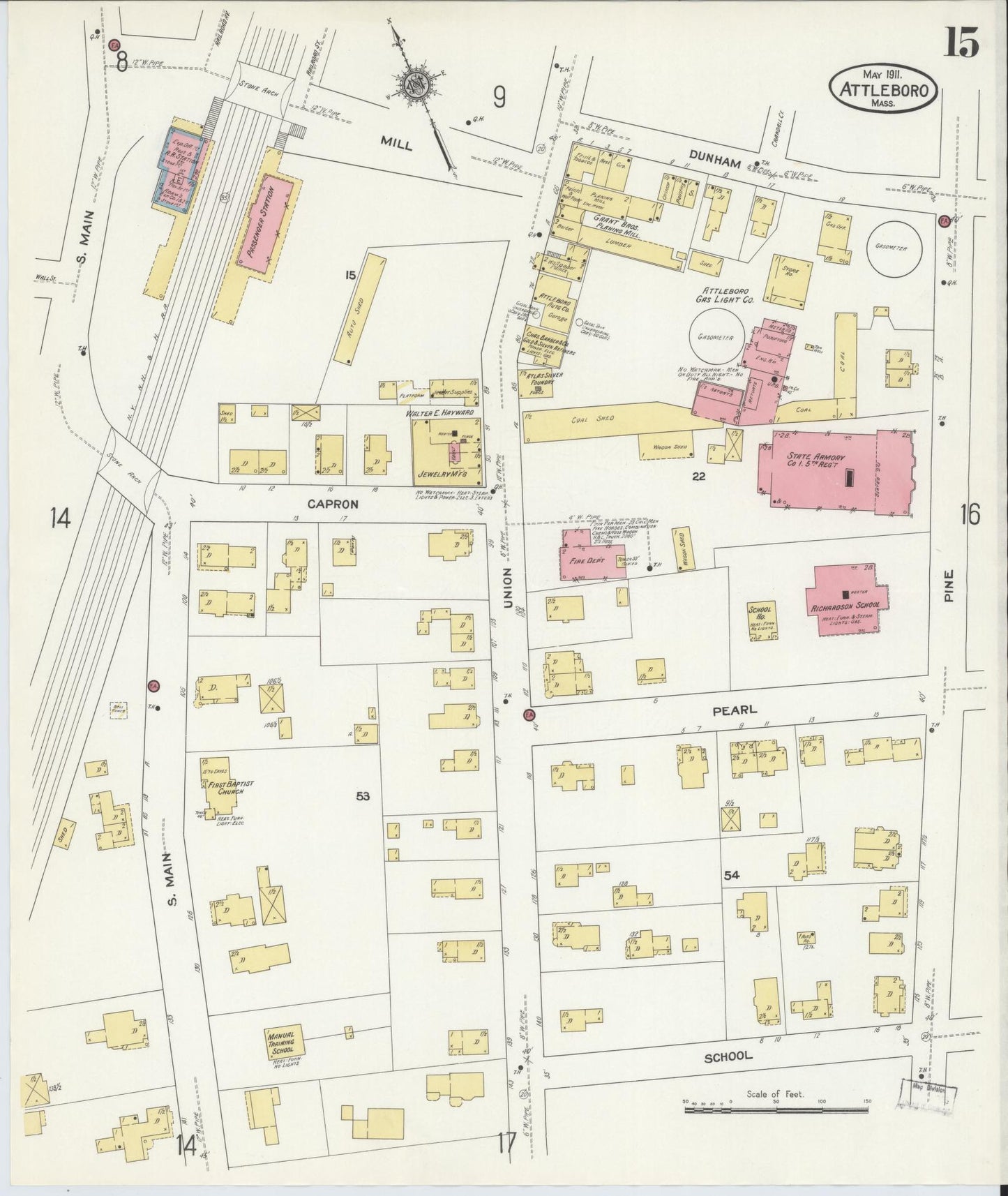 Sanborn Fire Insurance Map from Attleboro, Bristol County, Massachusetts (1911), Sheet #0015 - Complete Map Set gallery image, historic Sanborn map, vintage wall art, Massachusetts Massachusetts