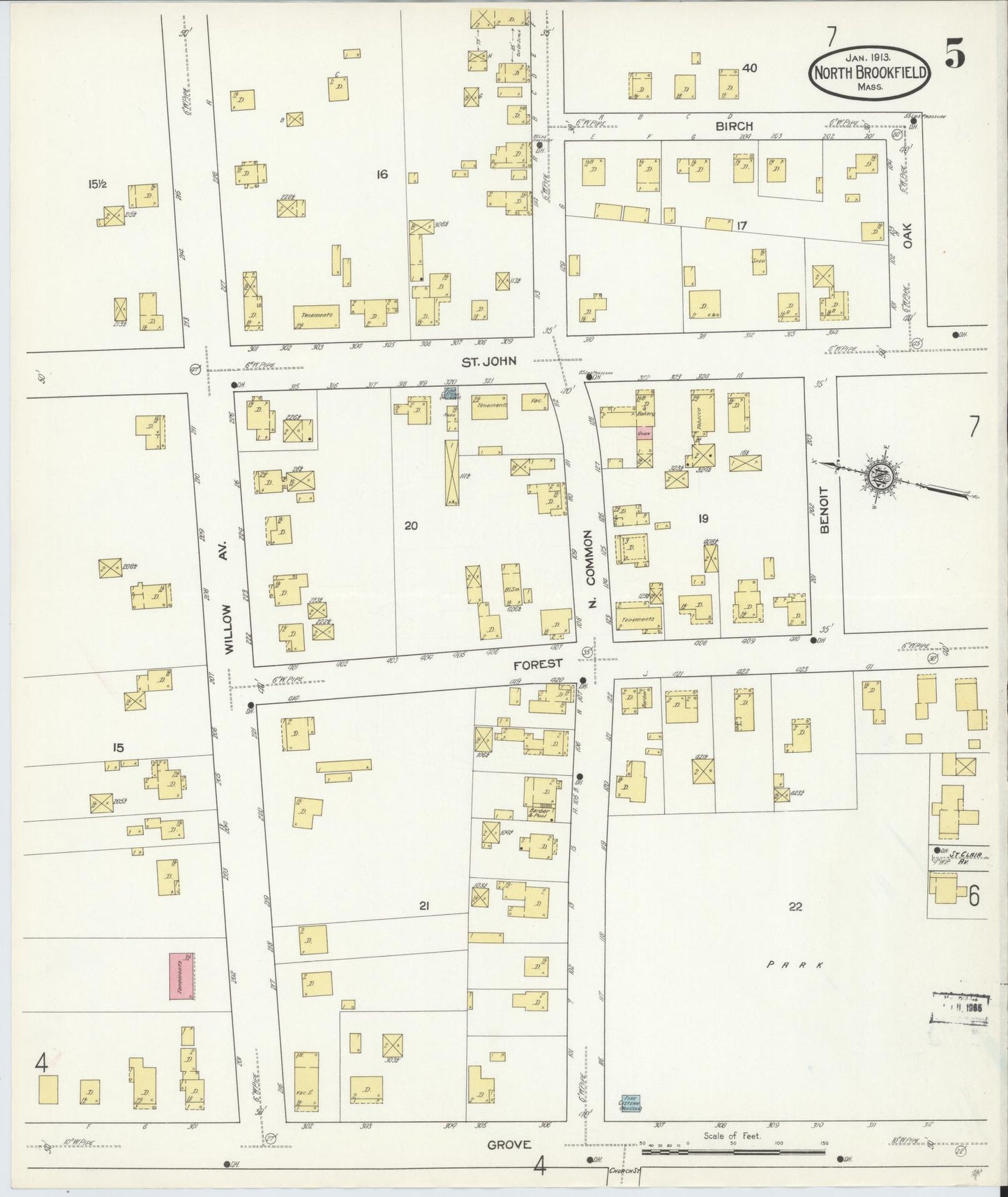 Sanborn Fire Insurance Map from North Brookfield, Worcester County, Massachusetts (1913), Sheet #0005 - Complete Map Set gallery image, historic Sanborn map, vintage wall art, Massachusetts Massachusetts