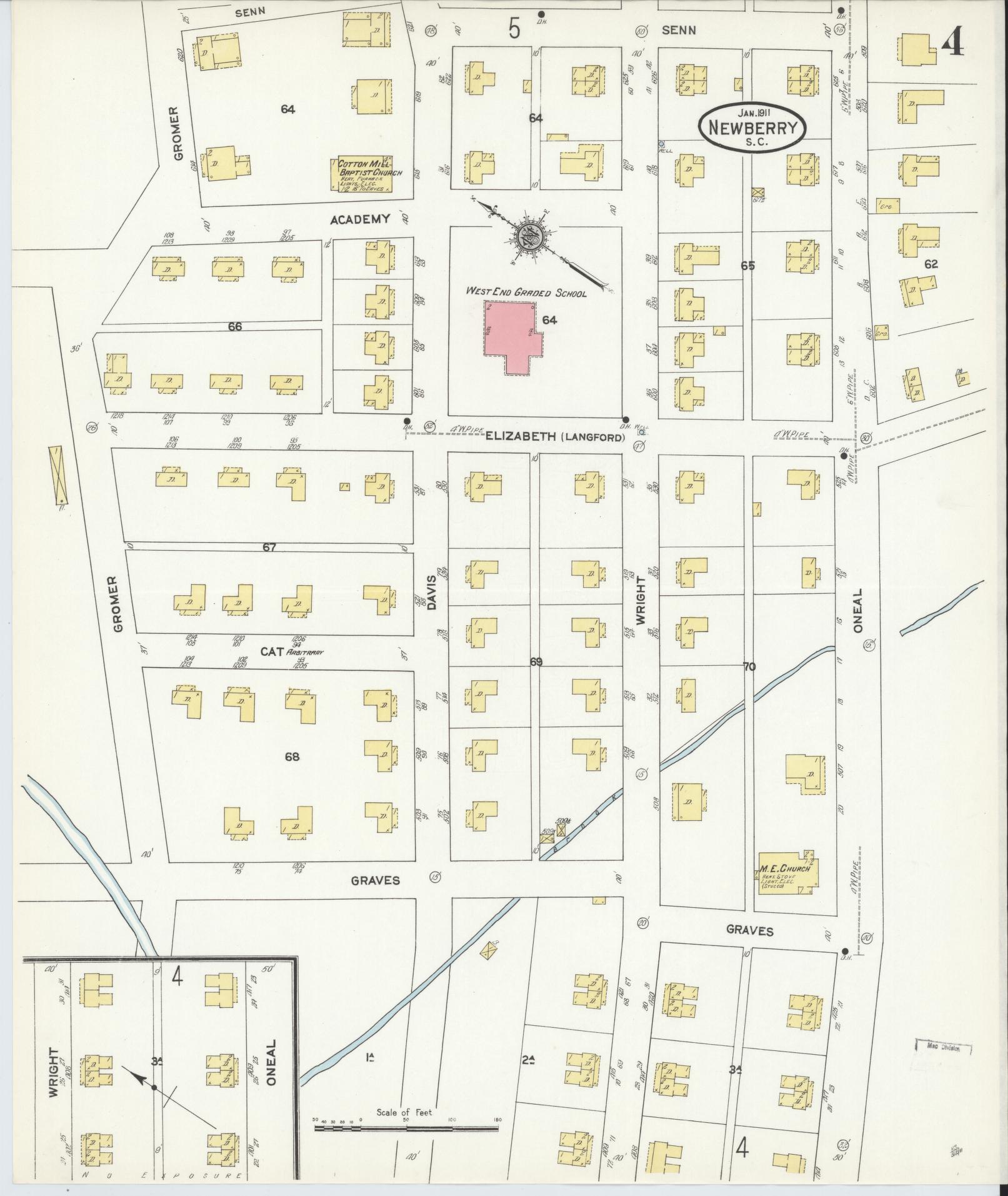 Sanborn Fire Insurance Map from Newberry, Newberry County, South Carolina (1911), Sheet #0004 - Historic Sanborn Fire Insurance Map Print, vintage old map wall art, antique decor, genealogy gift, South Carolina South Carolina map