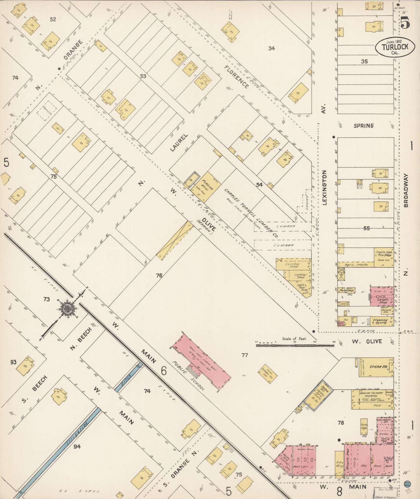 Sanborn Fire Insurance Map from Turlock, Stanislaus County, California (1912), Sheet #0005 - Complete Map Set gallery image, historic Sanborn map, vintage wall art, California California