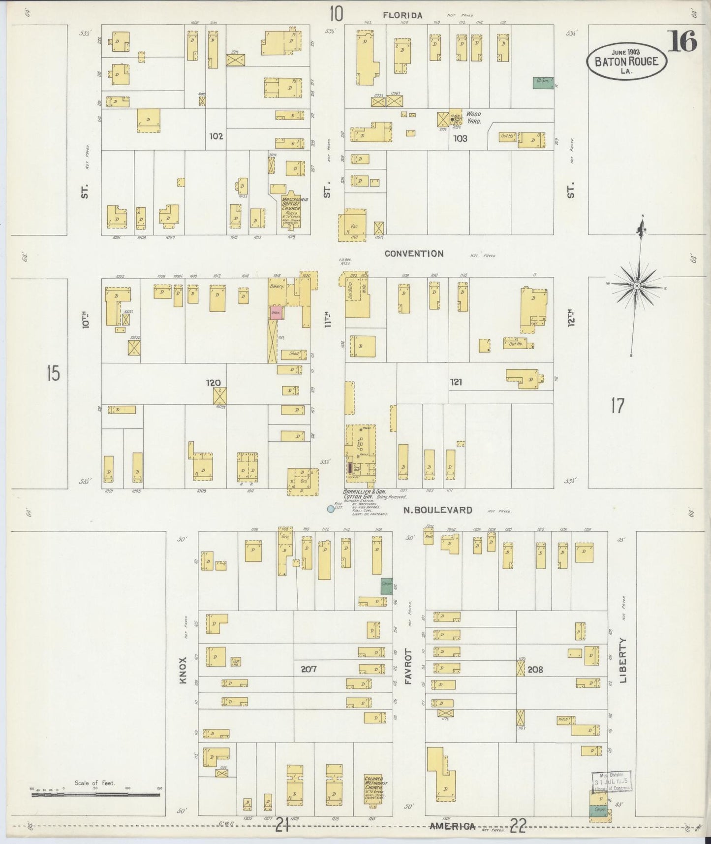 Sanborn Fire Insurance Map from Baton Rouge, East Baton Rouge Parish, Louisiana (1903), Sheet #0016 - Historic Sanborn Fire Insurance Map Print, vintage old map wall art, antique decor, genealogy gift, Louisiana Louisiana map