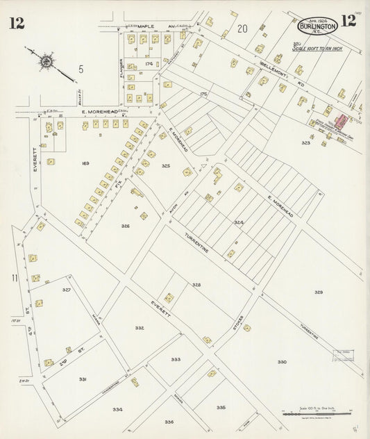 Sanborn Fire Insurance Map from Burlington, Alamance County, North Carolina (1924), Sheet #0012 - Historic Sanborn Fire Insurance Map Print, vintage old map wall art, antique decor, genealogy gift, North Carolina North Carolina map