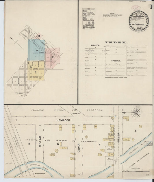 Sanborn Fire Insurance Map from Ironwood, Gogebic County, Michigan (1888), Sheet #0001 - Historic Sanborn Fire Insurance Map Print, vintage old map wall art, antique decor, genealogy gift, Michigan Michigan map