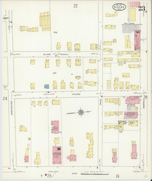 Sanborn Fire Insurance Map from Keene, Cheshire County, New Hampshire (1913), Sheet #0023 - Historic Sanborn Fire Insurance Map Print, vintage old map wall art, antique decor, genealogy gift, New Hampshire New Hampshire map