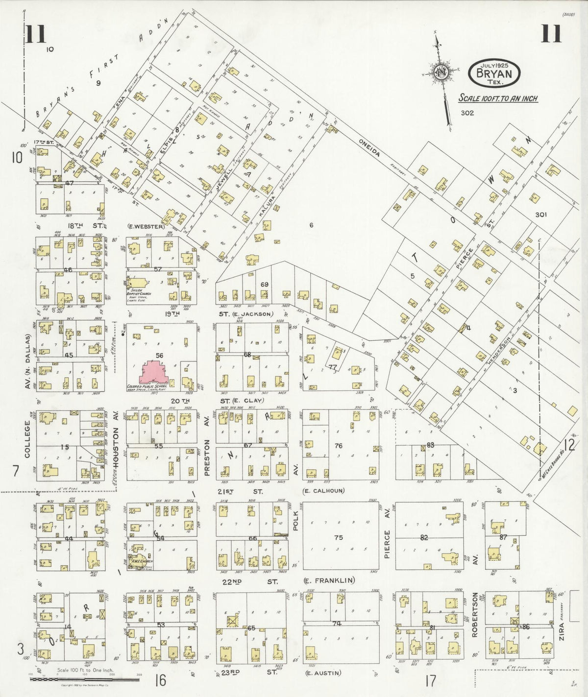 Sanborn Fire Insurance Map from Bryan, Brazos County, Texas (1925), Sheet #0011 - Historic Sanborn Fire Insurance Map Print, vintage old map wall art, antique decor, genealogy gift, Texas Texas map
