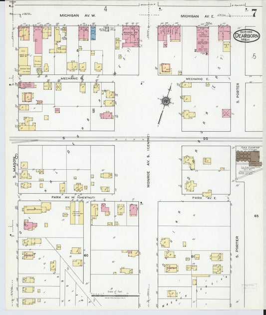 Sanborn Fire Insurance Map from Dearborn, Wayne County, Michigan (1919), Sheet #0007 - Historic Sanborn Fire Insurance Map Print, vintage old map wall art, antique decor, genealogy gift, Michigan Michigan map