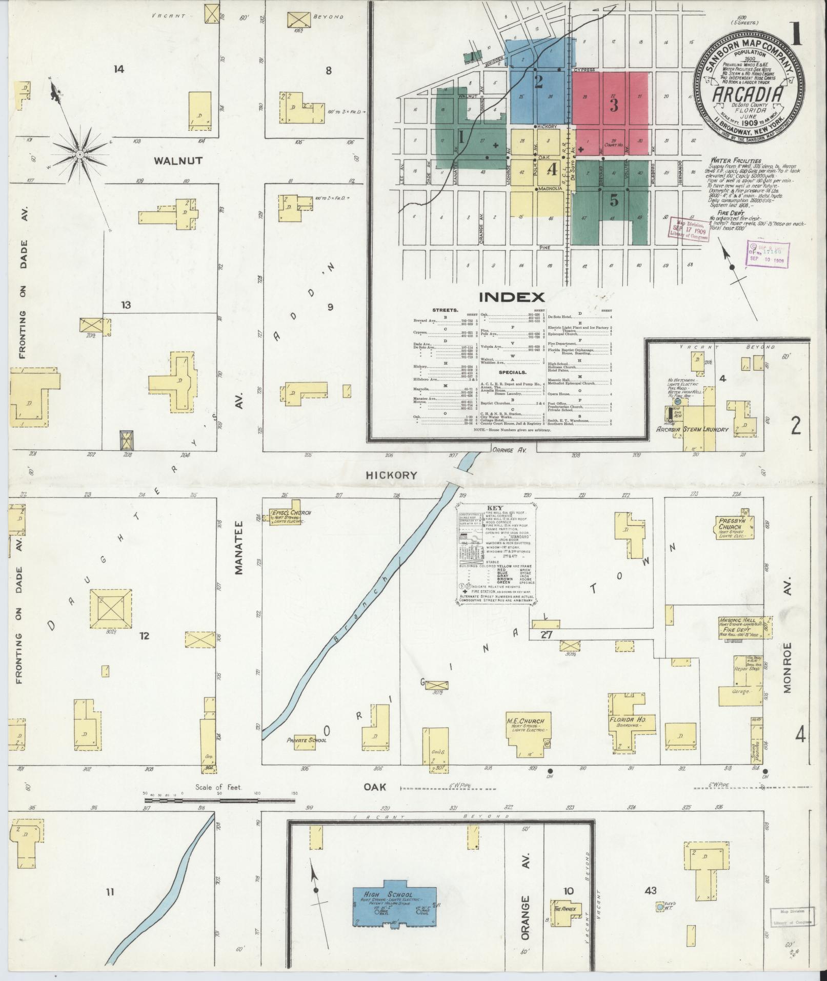 Sanborn Fire Insurance Map from Arcadia, DeSoto County, Florida (1909), Sheet #0001 - Complete Map Set gallery image, historic Sanborn map, vintage wall art, Florida Florida