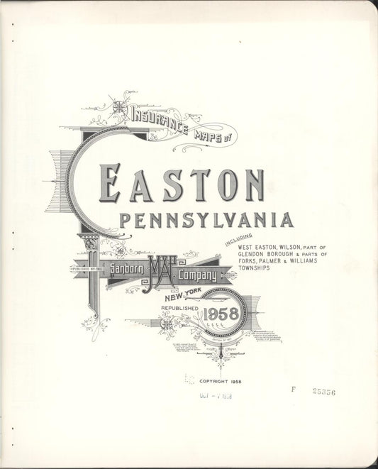 Sanborn Fire Insurance Map from Easton, Northampton County, Pennsylvania (1958), Sheet #0001 - Historic Sanborn Fire Insurance Map Print, vintage old map wall art, antique decor, genealogy gift, Pennsylvania Pennsylvania map