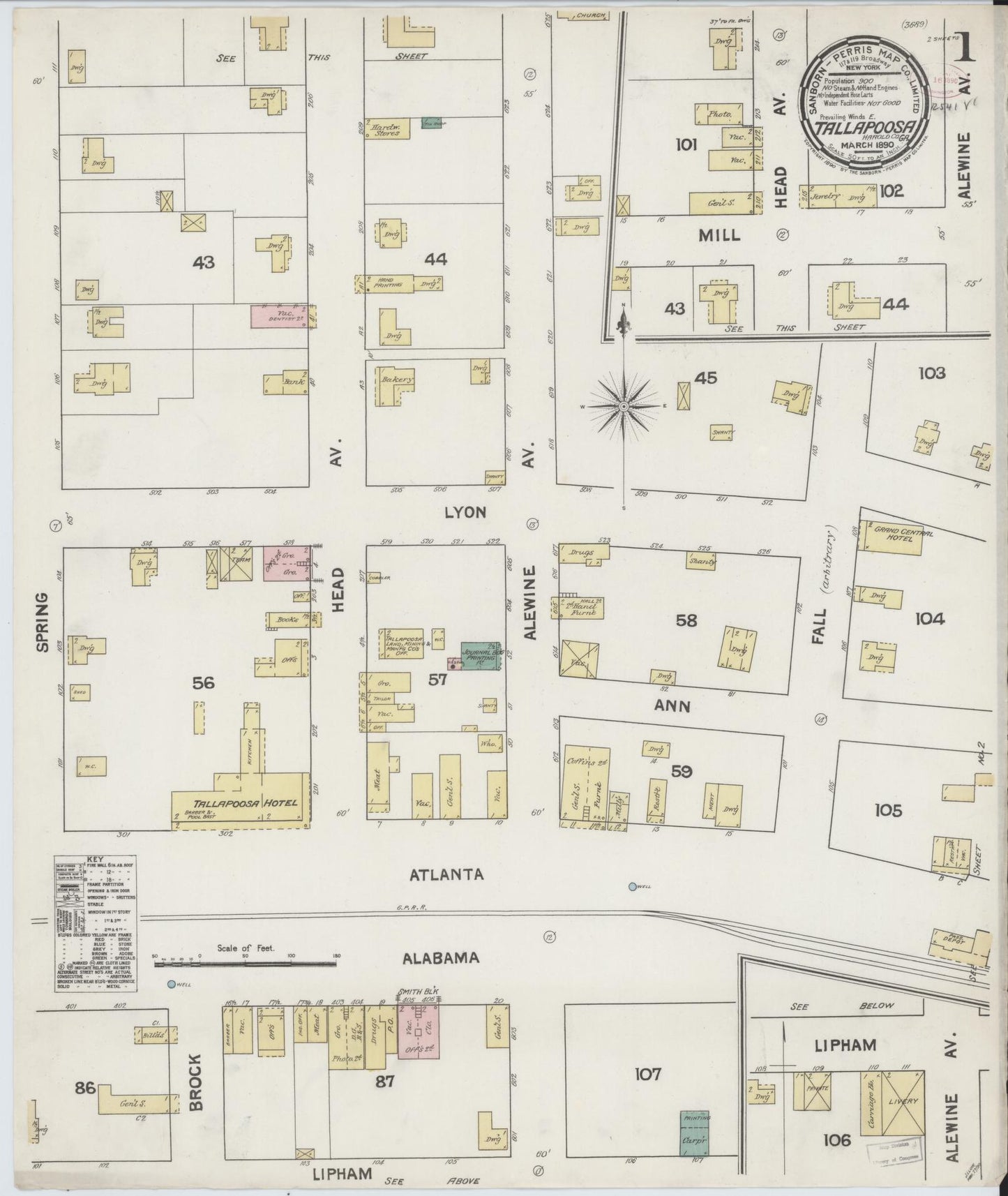 Sanborn Fire Insurance Map from Tallapoosa, Haralson County, Georgia (1890), Sheet #0001 - Historic Sanborn Fire Insurance Map Print, vintage old map wall art, antique decor, genealogy gift, Georgia Georgia map