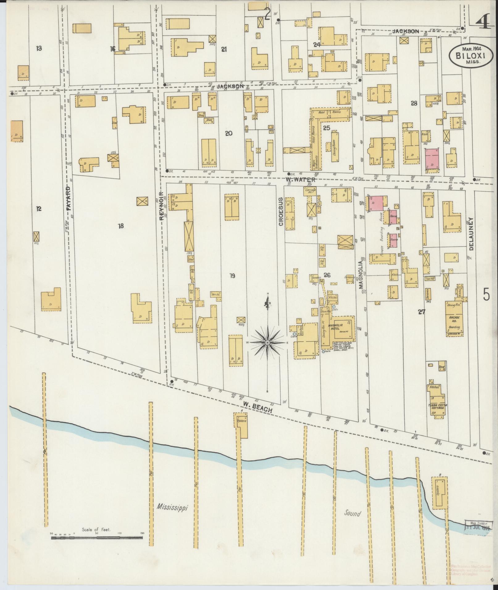 Sanborn Fire Insurance Map from Biloxi, Harrison County, Mississippi (1904), Sheet #0004 - Historic Sanborn Fire Insurance Map Print, vintage old map wall art, antique decor, genealogy gift, Mississippi Mississippi map