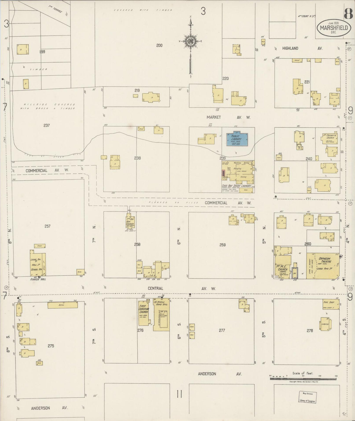 Sanborn Fire Insurance Map from Marshfield, Coos County, Oregon (1920), Sheet #0008 - Historic Sanborn Fire Insurance Map Print, vintage old map wall art, antique decor, genealogy gift, Oregon Oregon map