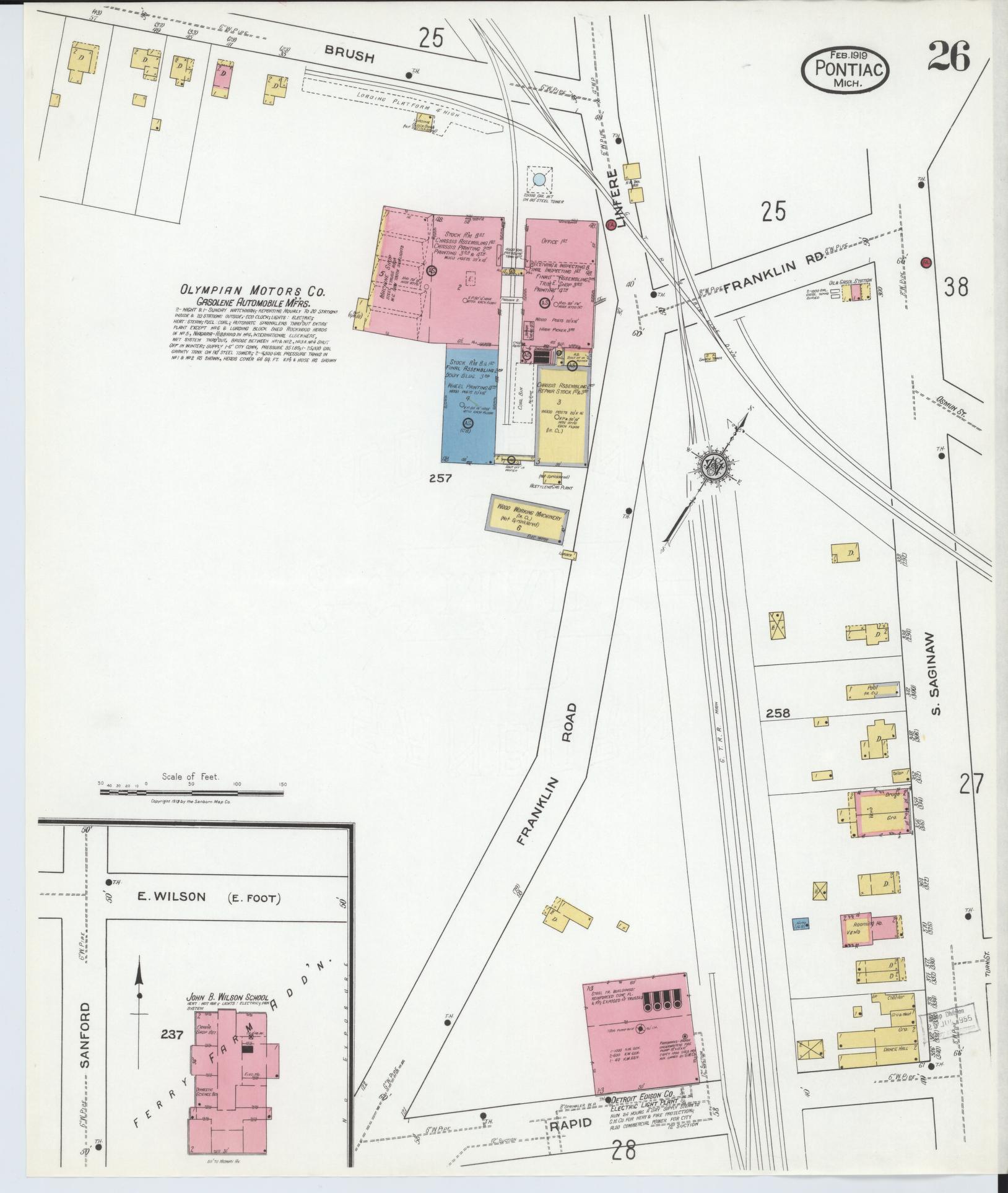 Sanborn Fire Insurance Map from Pontiac, Oakland County, Michigan (1919), Sheet #0026 - Complete Map Set gallery image, historic Sanborn map, vintage wall art, Michigan Michigan