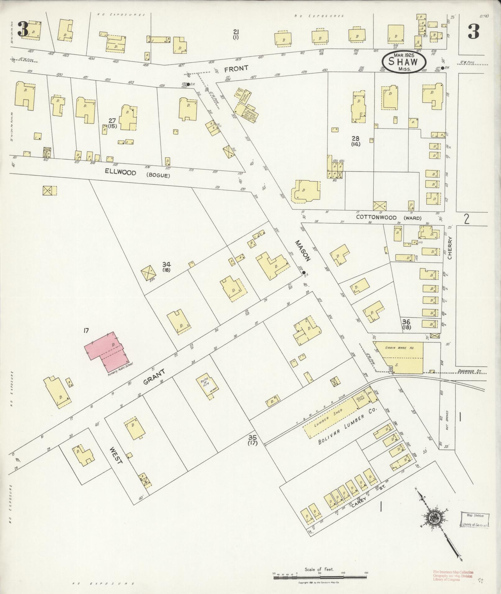 Sanborn Fire Insurance Map from Shaw, Bolivar County, Mississippi (1925), Sheet #0003 - Complete Map Set gallery image, historic Sanborn map, vintage wall art, Mississippi Mississippi