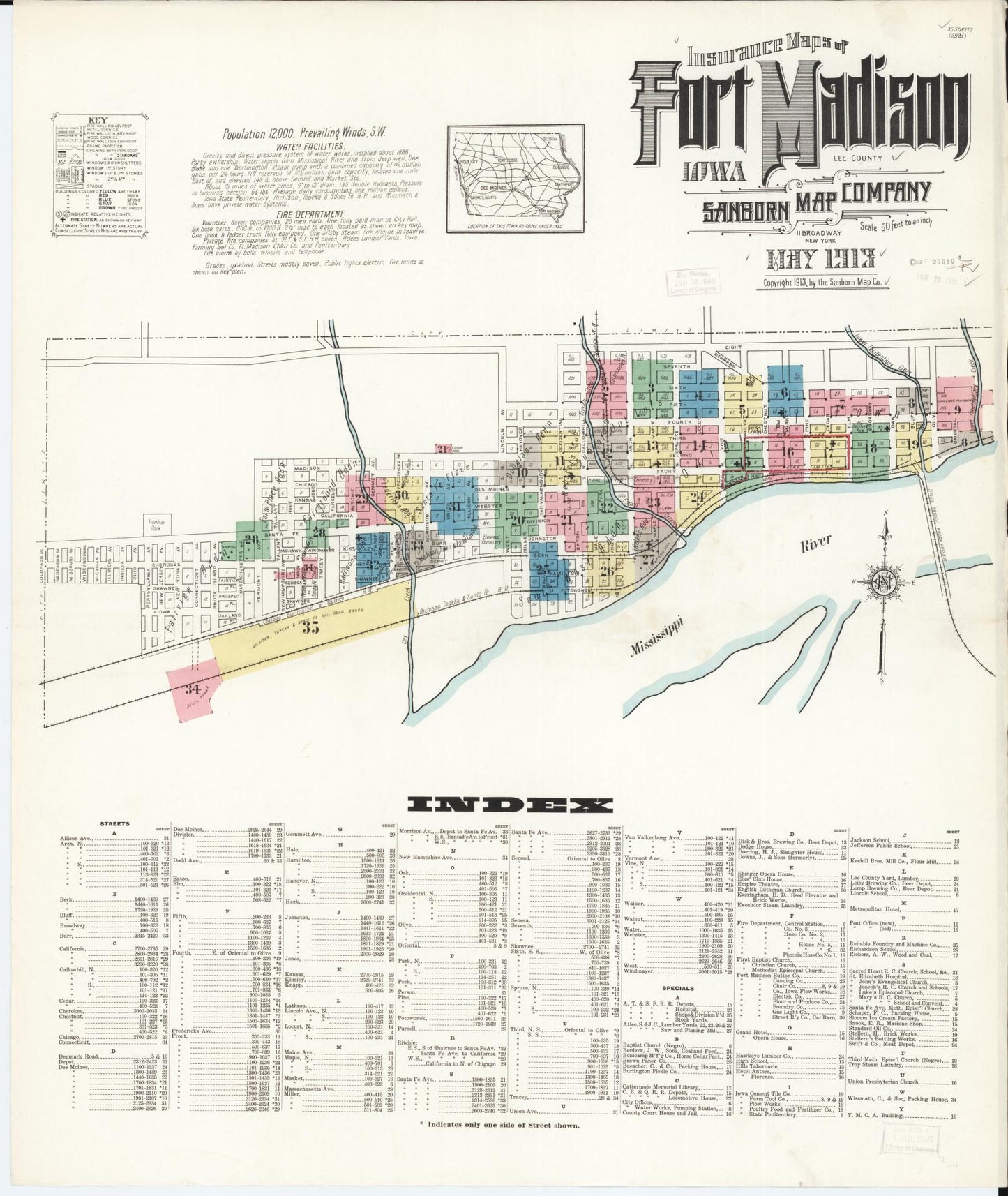 Sanborn Fire Insurance Map from Fort Madison, Lee County, Iowa (1913), Sheet #0001 - Historic Sanborn Fire Insurance Map Print, vintage old map wall art
