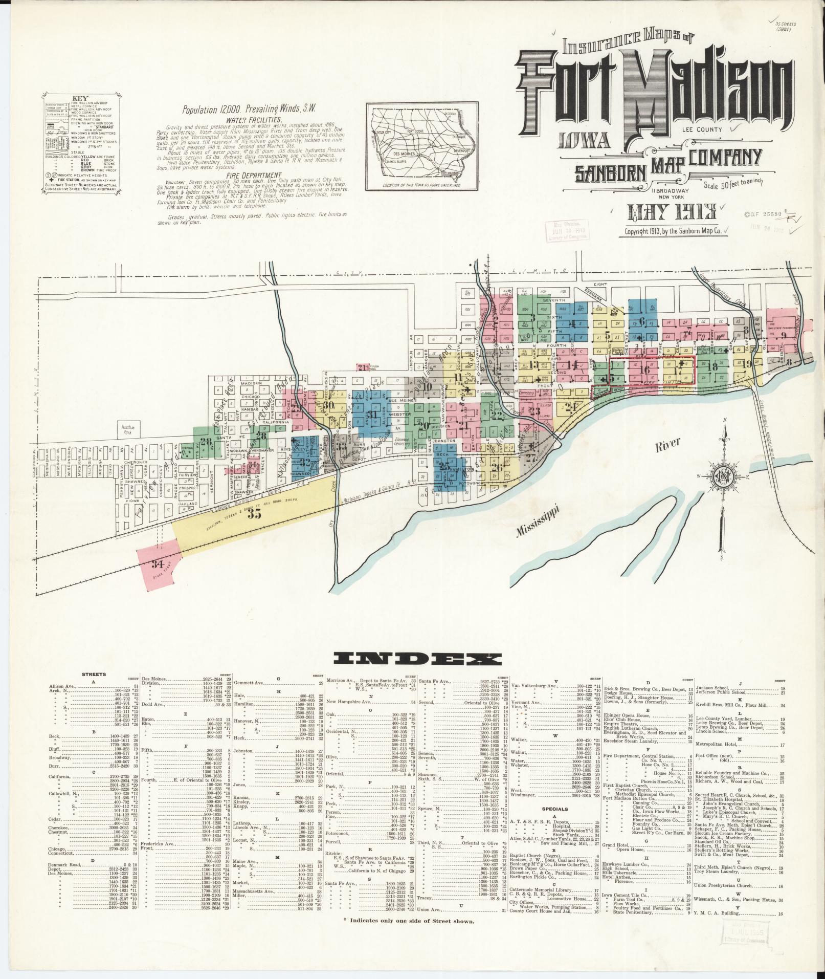 Sanborn Fire Insurance Map from Fort Madison, Lee County, Iowa (1913), Sheet #0001 - Historic Sanborn Fire Insurance Map Print, vintage old map wall art