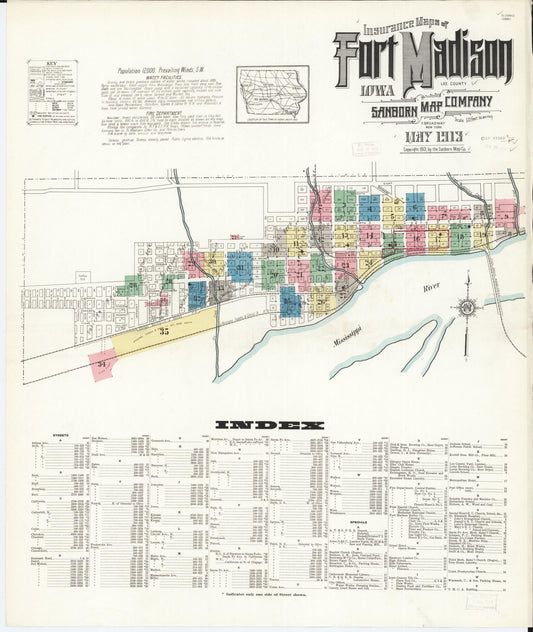 Sanborn Fire Insurance Map from Fort Madison, Lee County, Iowa (1913), Sheet #0001 - Historic Sanborn Fire Insurance Map Print, vintage old map wall art