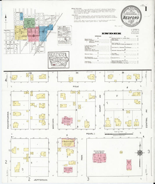 Sanborn Fire Insurance Map from Bedford, Taylor County, Iowa (1918), Sheet #0001 - Historic Sanborn Fire Insurance Map Print, vintage old map wall art