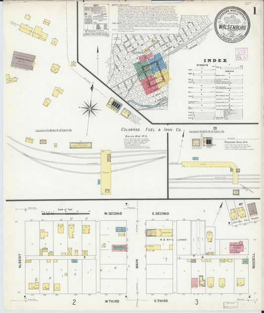Sanborn Fire Insurance Map from Walsenburg, Huerfano County, Colorado (1907), Sheet #0001 - Complete Map Set gallery image, historic Sanborn map, vintage wall art, Colorado Colorado