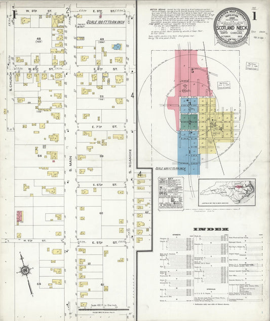 Sanborn Fire Insurance Map from Scotland Neck, Halifax County, North Carolina (1923), Sheet #0001 - Historic Sanborn Fire Insurance Map Print, vintage old map wall art, antique decor, genealogy gift, North Carolina North Carolina map