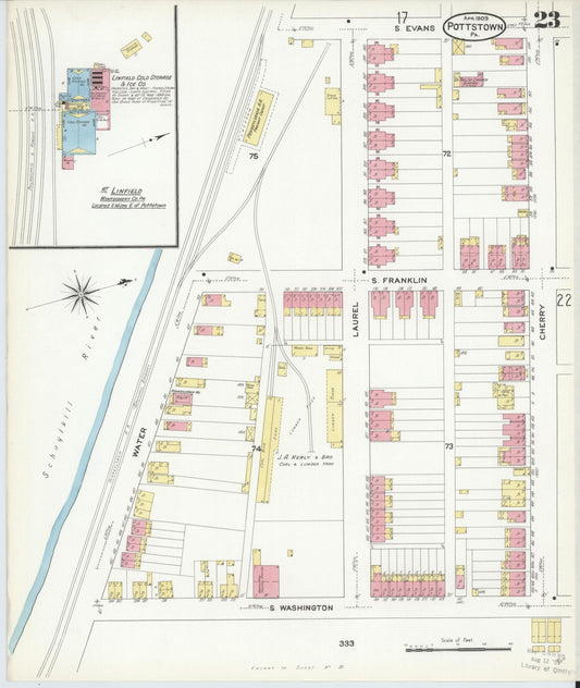 Sanborn Fire Insurance Map from Pottstown, Montgomery County, Pennsylvania (1909), Sheet #0023 - Historic Sanborn Fire Insurance Map Print, vintage old map wall art, antique decor, genealogy gift, Pennsylvania Pennsylvania map