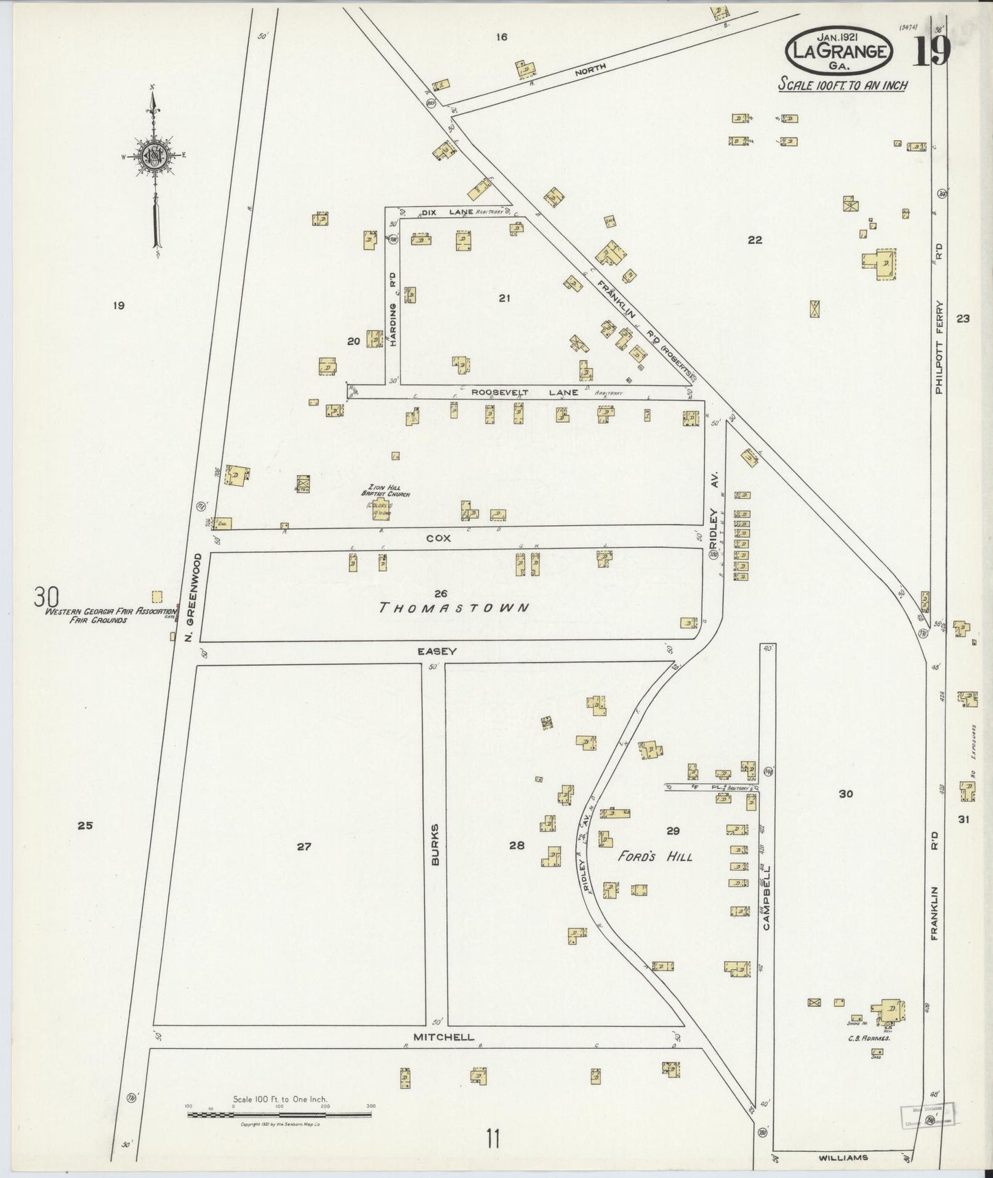 Sanborn Fire Insurance Map from La Grange, Troup County, Georgia (1921), Sheet #0019 - Historic Sanborn Fire Insurance Map Print, vintage old map wall art, antique decor, genealogy gift, Georgia Georgia map