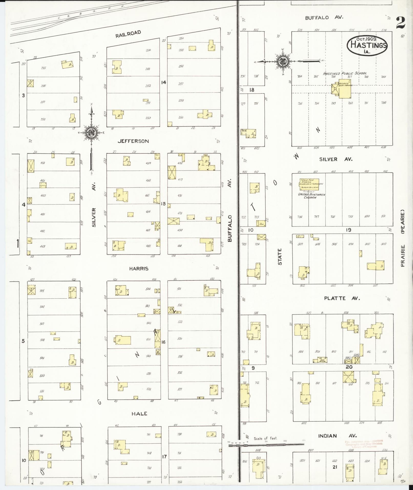 Sanborn Fire Insurance Map from Hastings, Mills County, Iowa (1909), Sheet #0002 - Historic Sanborn Fire Insurance Map Print, vintage old map wall art