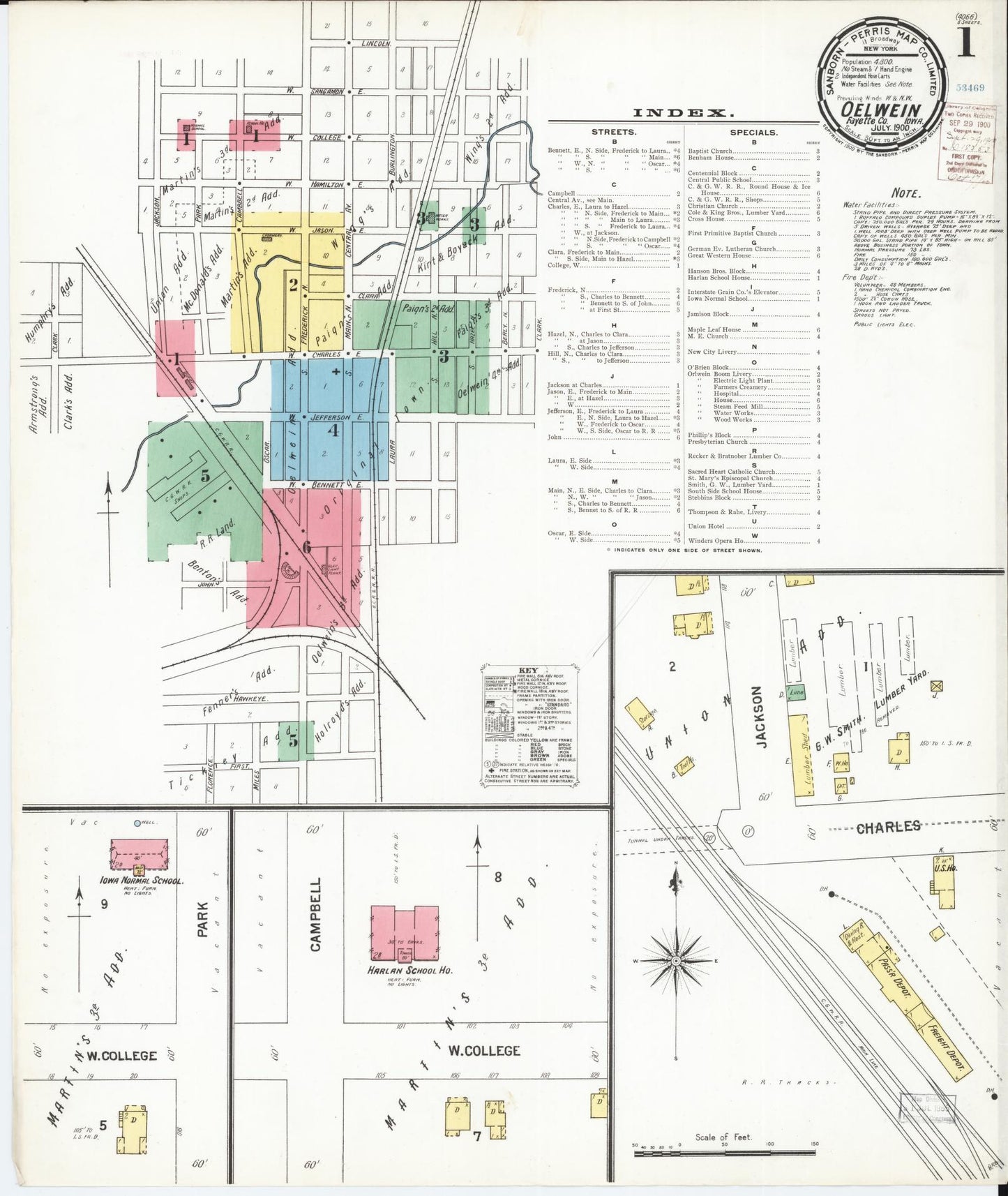 Sanborn Fire Insurance Map from Oelwein, Fayette County, Iowa (1900), Sheet #0001 - Historic Sanborn Fire Insurance Map Print