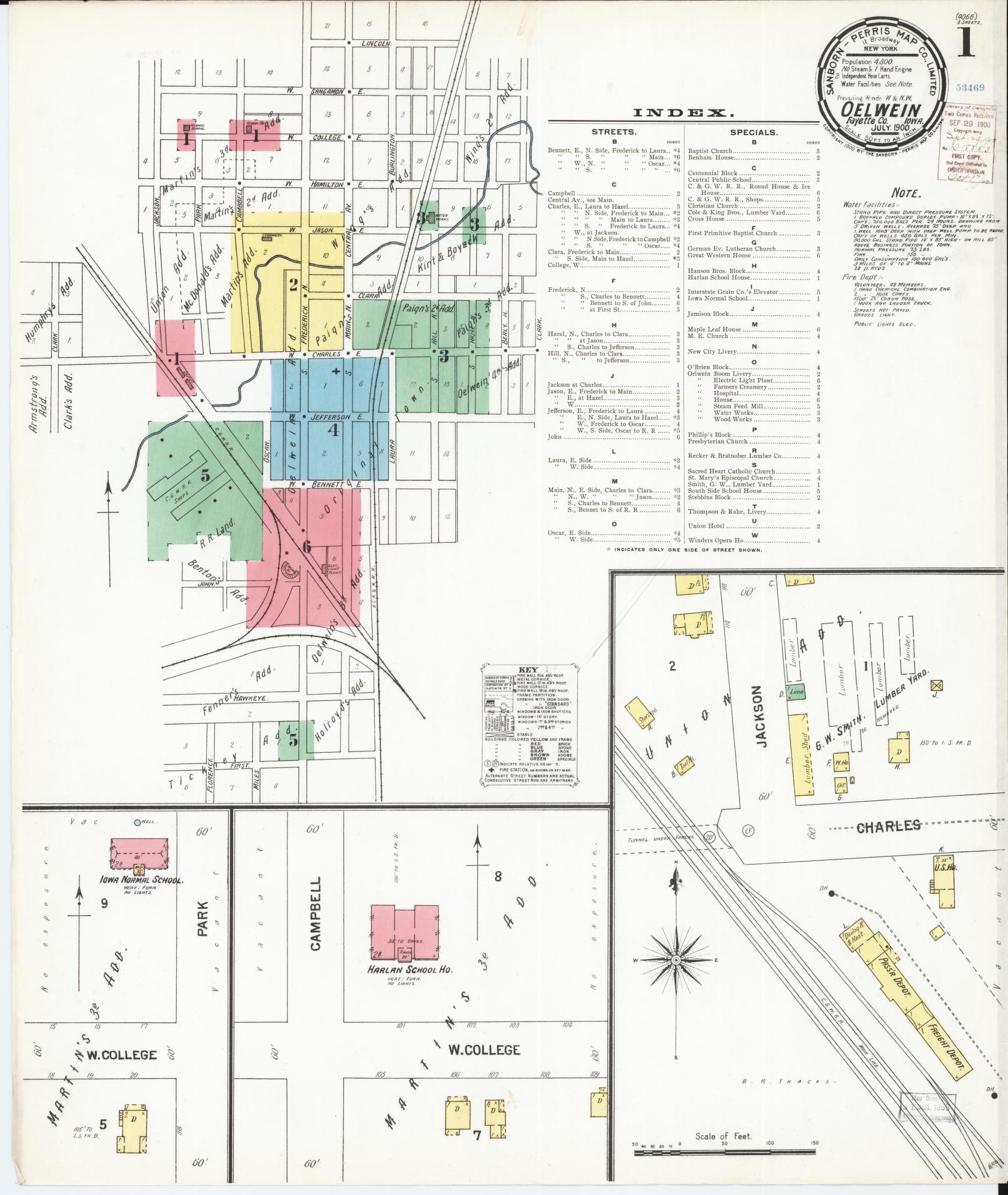 Sanborn Fire Insurance Map from Oelwein, Fayette County, Iowa (1900), Sheet #0001 - Historic Sanborn Fire Insurance Map Print