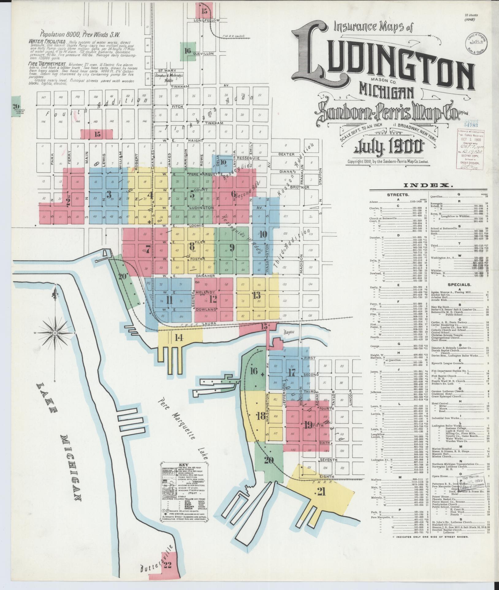 Sanborn Fire Insurance Map from Ludington, Mason County, Michigan (1900), Sheet #0001 - Historic Sanborn Fire Insurance Map Print, vintage old map wall art, antique decor, genealogy gift, Michigan Michigan map