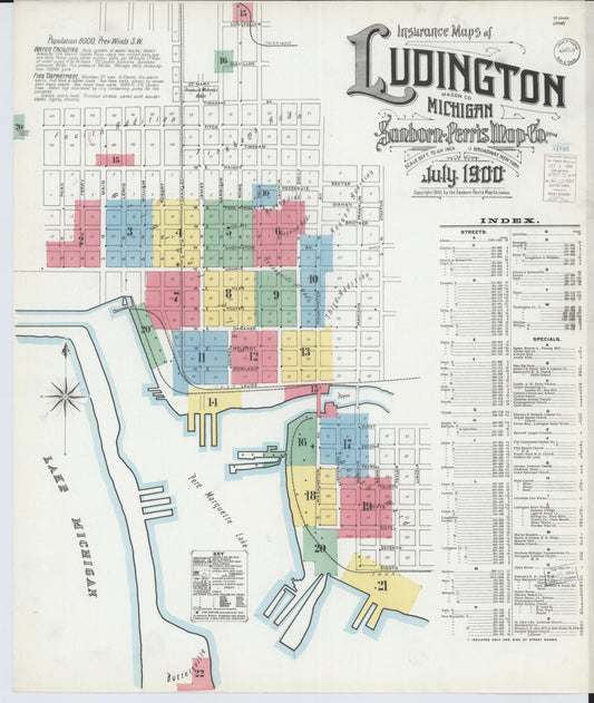 Sanborn Fire Insurance Map from Ludington, Mason County, Michigan (1900), Sheet #0001 - Historic Sanborn Fire Insurance Map Print, vintage old map wall art, antique decor, genealogy gift, Michigan Michigan map