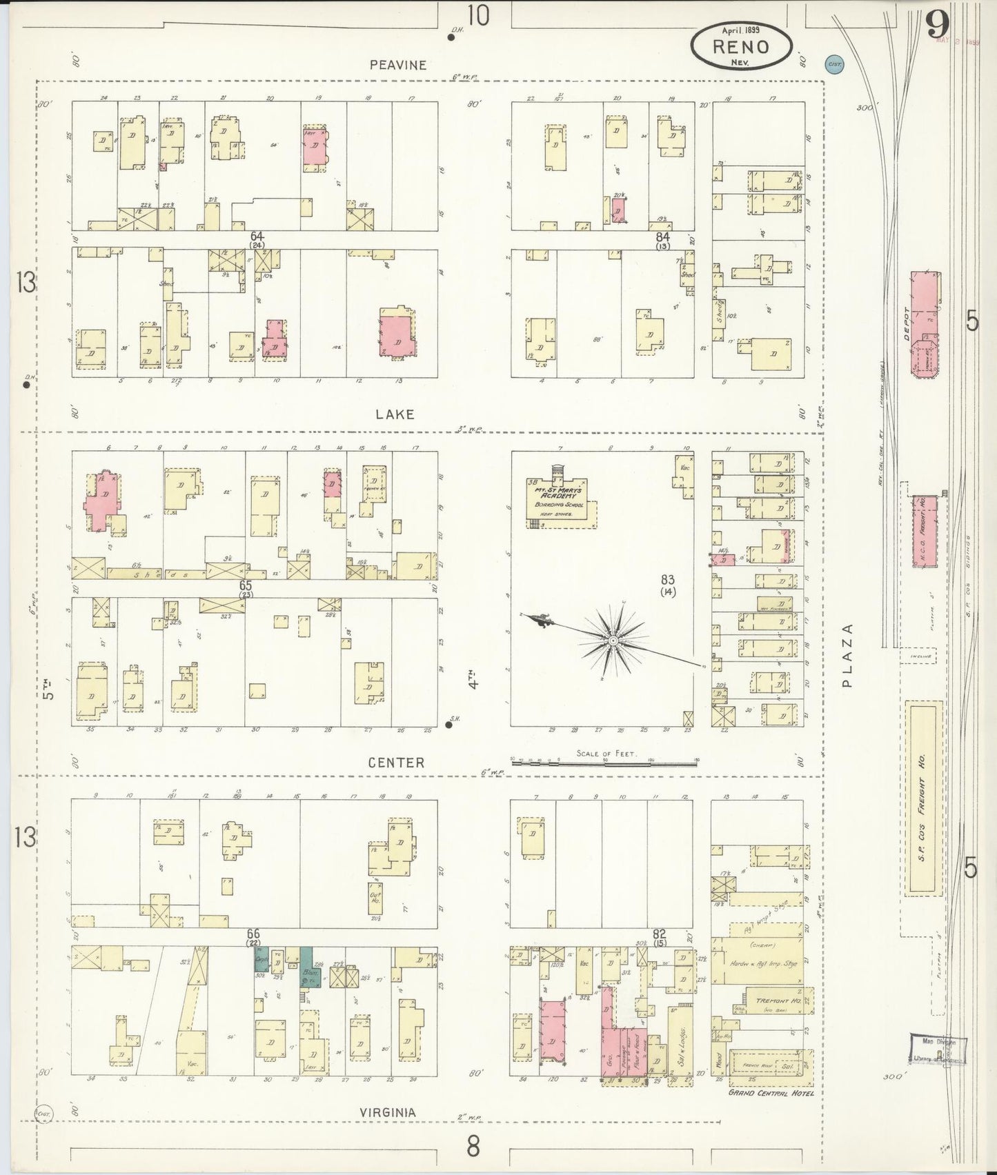 Sanborn Fire Insurance Map from Reno, Washoe County, Nevada (1899), Sheet #0009 - Historic Sanborn Fire Insurance Map Print, vintage old map wall art, antique decor, genealogy gift, Nevada Nevada map